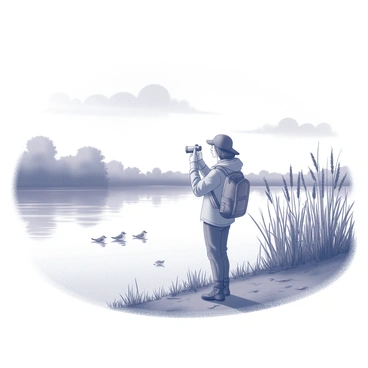 A birdwatcher is standing quietly by a lakeside, holding a pair of binoculars in one hand, intently observing the water's edge. The figure is dressed in outdoor clothing, suitable for a day in nature. The background features a tranquil lake, with gentle ripples on the surface reflecting the surrounding vegetation. Tall reeds frame the scene, providing a natural habitat for various birds. Soft clouds drift in the sky above, adding depth to the serene environment.