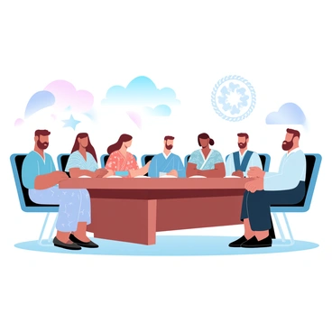 A congress session is taking place in a large, well-lit room. Several representatives are seated around a polished wooden table, each wearing traditional attire that reflects their unique cultural heritage. A man dressed in a colorful dashiki is seated next to a woman in a vibrant kimono. Another representative is wearing a tailored kurta, while a fourth is adorned in a classic Scottish kilt with a sporran. Flags from various countries are displayed prominently around the room, with a large emblem on the wall representing unity in diversity. Each representative appears engaged in discussion, contributing to a collaborative atmosphere.