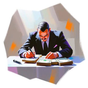 A mafia member, dressed in a sharply tailored black suit, is crouched down beside a table, intently inspecting a large stack of counterfeit money. His expression is serious and focused, with a hint of suspicion in his eyes. The flickering light overhead casts dramatic shadows across the scene, highlighting the crisp bills that lay stacked in neat piles. Various tools of the trade, such as a pair of gloves and an ink pen, are scattered on the table. The setting has an air of secrecy, with dim surroundings that contribute to the tense atmosphere.