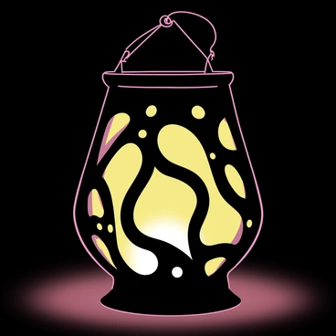 A lantern featuring a "wishbone design" with elegant curves and a delicate shape. The lantern's surface is adorned with intricate cutouts, allowing light to filter through and create vibrant patterns. It is glowing softly in the dark, emitting a warm, inviting light that illuminates its surroundings. The ambiance is tranquil, with the lantern casting gentle shadows on nearby surfaces.
