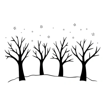 A group of bare trees covered in snow standing in a row, with their branches extending outward. The ground is blanketed with a thick layer of fresh snow, creating a smooth, white surface. The sky above is filled with soft, light patterns suggesting a pale winter atmosphere. The overall scene conveys a tranquil and quiet environment, emphasizing the stark beauty of winter.
