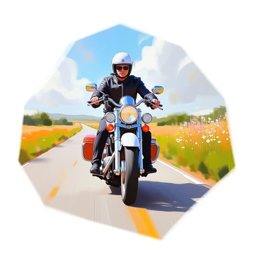 A rider wearing a black leather jacket and a matching helmet is confidently seated on a classic 1950s motorcycle. The motorcycle is gleaming with chrome details and has a vintage design, showcasing round headlights and a comfortable leather seat. The road stretches ahead, flanked by green grassy fields and wildflowers, with a clear blue sky overhead. The rider leans slightly forward, with the wind rustling through their jacket as they cruise along the winding country road, enjoying the freedom of the ride.