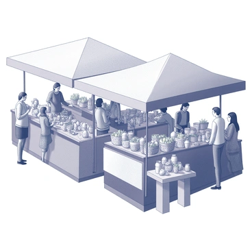 A bustling market scene filled with various stalls. Each stall is displaying an array of fresh produce, including fruits and vegetables arranged in baskets. Nearby, there are tables showcasing crafts and handmade goods, featuring pottery, textiles, and jewelry. People are interacting, some examining items, while others engage in conversations. The atmosphere is lively, with shoppers moving from stall to stall, creating a dynamic environment filled with activity.