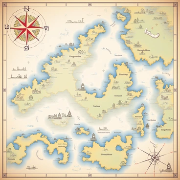 A close-up view of an ancient map is spread out, showcasing intricate coastlines with numerous bays and peninsulas. The map features a beautifully designed "compass rose" prominently in one corner, adorned with decorative symbols representing cardinal directions. The coastline is embellished with fine lines depicting various terrains, while subtle illustrations of ships, sea monsters, and landmarks are scattered across the water. A faded parchment-like texture covers the surface of the map, enhancing its historical authenticity and age.