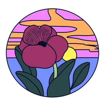 A large corpse flower with thick, dark green leaves surrounding its prominent central bloom. The flower is a deep burgundy color, with its petal-like structure unfurling to reveal its textured surface. In the background, there is a vibrant sunset sky filled with streaks of orange, pink, and purple. The sun is setting low on the horizon, casting warm light that highlights the details of the flower and its surroundings. The scene is devoid of any people or animals, focusing solely on the striking contrast between the flower and the colorful sky.