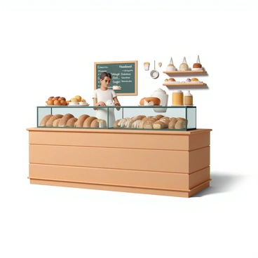 An inviting bakery counter made of polished wood. The counter is filled with a variety of freshly baked bread, including baguettes, sourdough loaves, and croissants, all arranged neatly. There are golden-brown pastries, such as danishes and éclairs, displayed in glass cases. The aroma of baked goods fills the air, and the soft lighting creates a warm atmosphere. Behind the counter, a baker wearing a white apron is busy decorating a cake. The walls are adorned with vintage baking tools and chalkboard menus.