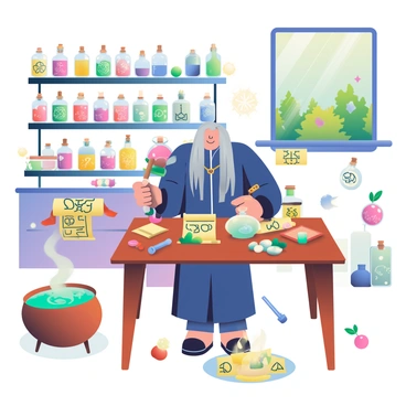 A bustling enchanter's workshop is filled with various shelves stocked with colorful potions in glass bottles, some bubbling and emitting wisps of steam. In the center, a large, wooden worktable is cluttered with ingredients such as dried herbs, glowing crystals, and scrolls covered in intricate runes. An enchanter, with long silver hair and wearing a deep blue robe, stands at the table mixing a glowing liquid in a flask with a wooden spoon. Nearby, a cauldron is perched over a small flame, with vibrant green liquid bubbling energetically. The walls are adorned with magical symbols, and a window reveals a glimpse of a vibrant forest outside. Various tools of enchantment, such as wands and talismans, are scattered across the workspace, contributing to the lively atmosphere of creation and magic in progress.