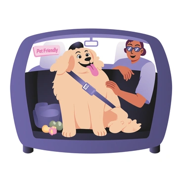 A cheerful dog riding alongside its owner in an Uber car featuring a pet-friendly sign