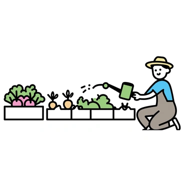 A series of raised garden beds arranged in a neat row, each bed filled with a variety of vegetables. The first bed contains vibrant red tomatoes on green vines. The second bed features leafy green lettuce, with some heads forming nicely. The third bed showcases bright orange carrots growing in the soil, their green tops peeking out. A gardener, wearing a straw hat, blue shirt, and brown overalls, is kneeling beside the beds, gently watering the plants with a green watering can. The gardener's hands are actively tending to the soil, ensuring the vegetables thrive.