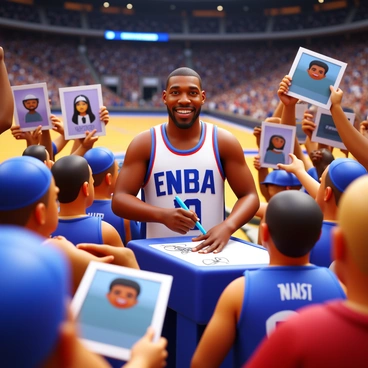An NBA star in a basketball jersey is signing autographs for fans. The player has a confident smile and is holding a blue pen. Surrounding the player are several excited fans holding posters and memorabilia, eagerly reaching out for signatures. The setting is a basketball arena, with bright lights and a crowd in the background. Some fans are wearing team merchandise, such as jerseys and hats. The atmosphere is energetic, filled with enthusiasm and admiration from the fans.