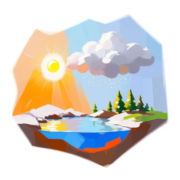 A visually engaging scene illustrating the different temperatures and their effects on the water cycle. On the left side, a sunny, warm area is depicted, with a bright sun shining down, causing water to evaporate from a calm body of water. Small clouds begin to form as the moisture rises into the atmosphere. In the center, a cool area is shown, where condensation occurs, with clouds thickening and droplets forming, creating a transition in the weather. To the right, a cold region features snow falling from the clouds, representing precipitation as it blankets the landscape. Each section is distinctly colored to represent the various temperatures, enhancing the understanding of the water cycle dynamics.