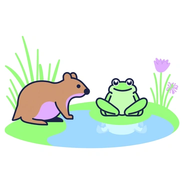 A shrew with brown fur is standing on the edge of a pond, its nose twitching as it looks curiously at a small green frog sitting on a lily pad. The frog, with bulging eyes, is facing the shrew, its legs tucked underneath as it remains still. Surrounding the pond are tall grasses and a few wildflowers, creating a natural setting. The reflections of the shrew and the frog can be seen in the calm water, enhancing the interaction between the two animals as they observe each other.