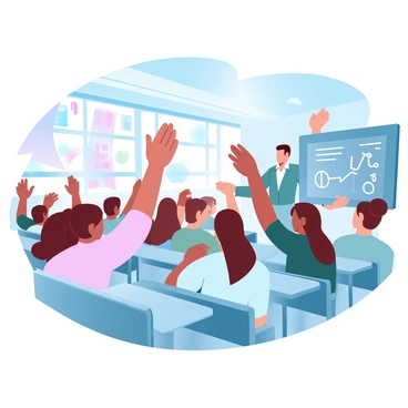 A classroom filled with students sitting at desks, eagerly raising their hands to answer a question. The students are a mix of genders and ethnicities, all appearing engaged and focused. Colorful posters are displayed on the walls, showcasing educational materials and art. The teacher stands at the front, gesturing towards the students. Sunlight streams in through the windows, illuminating the vibrant atmosphere of learning. A chalkboard is visible behind the teacher, filled with notes and diagrams related to the lesson.