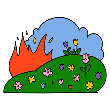 A dramatic landscape with vibrant red and orange flames in the foreground, transitioning into a lush green field filled with a variety of colorful flowers. The flowers include bright yellows, deep purples, and soft pinks, representing the shift from a harsh environment to a peaceful one. The background features a clear blue sky, symbolizing hope and renewal. The scene captures the essence of transformation, with the flames gradually giving way to the blooming flowers.