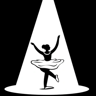 A ballerina in a graceful pose, mid-pirouette, with her arms elegantly extended and her tutu flaring out around her. She is centered on a stage, surrounded by darkness, with a single spotlight illuminating her figure. The spotlight casts dynamic shadows around her, accentuating the delicate details of her costume. In the background, there are faint outlines of stage curtains and props, creating a sense of depth and focus on the ballerina's movement.