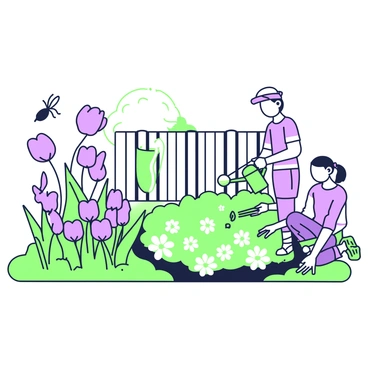 A backyard garden scene is filled with various flowers arranged in patches across the ground. In the center, there are blooming purple tulips next to vibrant green daisies. A mosquito is visible, buzzing around the flowers, depicted in motion with curved lines. To the right, two humans are watering the plants, one holding a green watering can, while the other is kneeling down to pull weeds. They are wearing casual clothing, and the sunlight casts distinct shadows on the ground. In the background, a wooden fence adds structure to the garden setting.
