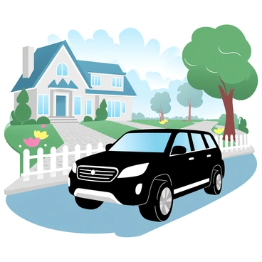 A jet-black SUV is parked on a wide, tree-lined street in a luxurious suburban neighborhood. The vehicle shines under the sunlight, reflecting the surroundings. Elegant houses with manicured lawns and colorful flower beds can be seen in the background. A driveway made of cobblestones leads to one of the houses, adding to the upscale atmosphere. Tall, leafy trees provide shade, creating dappled light patterns on the pavement. A white picket fence surrounds one of the homes, completing the picturesque scene.
