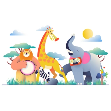 A group of animals in a safari scene are gathered together playing various musical instruments under the bright African sun. A lion with a golden mane is playing a large drum, while a giraffe is stretching its long neck to reach a trumpet, gracefully holding it with its mouth. Nearby, an elephant is playing a xylophone with its trunk, creating vibrant melodies. A zebra is strumming a guitar with its hooves, and a colorful parrot is perched on a nearby rock, singing along. The savannah grass glimmers in the sunlight, and acacia trees dot the landscape in the background. The sky is clear with a few fluffy clouds floating by, enhancing the lively atmosphere of the musical gathering.