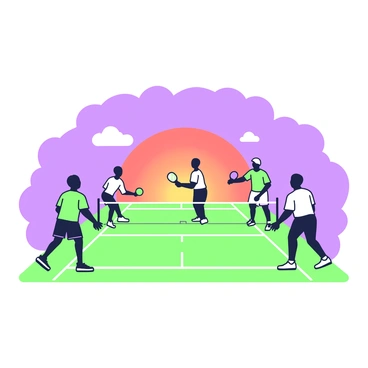 A sunset backdrop with a gradient sky transitioning from deep blue to orange is visible. Silhouetted against the sky are players on a pickleball court. The players are positioned in various stances, some preparing to serve and others ready to return the ball. The court is marked with the standard lines, and a net stretches across the center. The scene captures the energy of the game as the sun dips below the horizon.