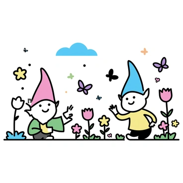 Two gnomes, one wearing a red hat and green tunic, and the other in a blue hat and yellow shirt, are joyfully playing in a vibrant garden. The garden features various colorful flowers, including red tulips and yellow daisies, scattered throughout the scene. Nearby, a group of fairies, each with delicate wings shimmering in shades of purple and blue, are flitting around the flowers. Butterflies of different colors, including orange and black, are gracefully hovering in the air. The landscape is flat, with a clear blue sky visible above the garden.