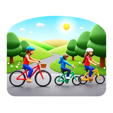 A family of four riding hybrid bikes. The first bike is bright red, with a sleek frame and comfortable seat. The second bike is blue, featuring a basket in front. The third bike is green, designed for extra stability, and the fourth bike is yellow, with a sporty look. The family members wear casual riding attire, including helmets for safety. The sun is shining brightly, illuminating a picturesque countryside road lined with wildflowers and lush green grass. Trees are scattered along the roadside, creating a serene atmosphere. In the background, rolling hills create a beautiful landscape.