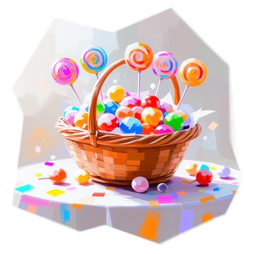 A large wicker basket filled to the brim with an assortment of colorful candies and lollipops is placed at the center of a party table. The candies are in various shapes and sizes, with bright wrappers in red, blue, yellow, and green. Lollipops with swirled patterns of multiple colors are prominently sticking out from the top of the basket. The table is decorated with a cheerful tablecloth featuring playful designs, and there are small party decorations and confetti scattered around the basket, adding to the festive atmosphere.