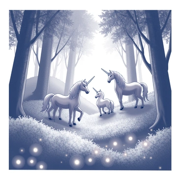 A dense forest filled with towering trees and thick underbrush. The scene includes several unicorns with spiraled horns and flowing manes, standing gracefully among the foliage. Various mythical creatures can be seen peeking from behind the trees, their forms blurred and elusive. The ground is dotted with plants that emit a gentle glow, illuminating the surroundings with an ethereal light. Dappled shadows filter through the canopy above, creating a magical atmosphere. The overall composition captures the enchanting essence of the forest, inviting exploration and wonder.