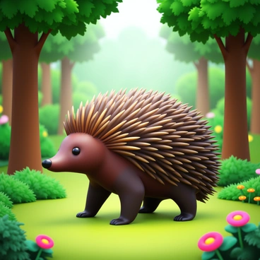 A porcupine with its spines raised, showcasing detailed quills in shades of brown and black. The porcupine stands firmly on all fours in a lush forest clearing, surrounded by vibrant green foliage. Sunlight filters through the canopy of leaves above, creating dappled light on the ground. In the background, various trees with thick trunks and rich green leaves can be seen, adding depth to the scene. Small patches of colorful wildflowers bloom around the clearing.