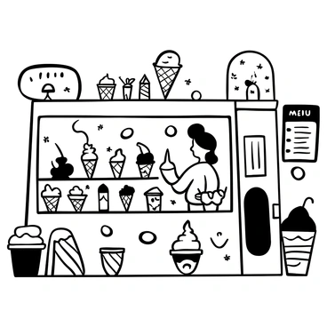 A cheerful ice cream shop interior featuring a glass display case filled with various ice cream cones and sundaes. Each cone is topped with a swirl of ice cream, and several cups showcase colorful scoops with toppings. The walls are adorned with large hand-drawn illustrations of ice cream treats and playful designs. There are playful, oversized ice cream sculptures placed around the shop, adding to the lively atmosphere. A vintage-style cash register sits on the counter, with a menu board above it listing different flavors.