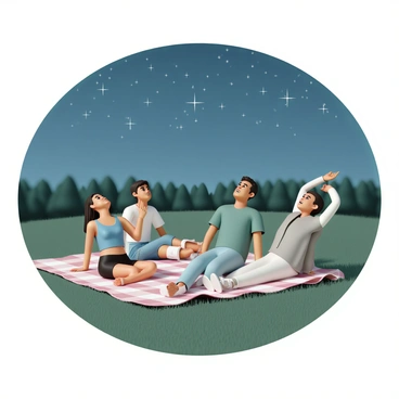 A diverse group of four people is lying on a large, checkered blanket spread across lush grass. Two women and two men are positioned in a circular formation, their heads close together. One woman, wearing a blue tank top and black shorts, is pointing at the sky with an excited expression. The other woman, dressed in a white shirt and denim shorts, is leaning back with her arms behind her head, gazing upward with a peaceful smile. One man, in a green t-shirt and casual pants, is lying on his side with his chin resting on his hand, looking intently at the stars. The other man, wearing a gray hoodie and jeans, is stretched out flat, arms extended above his head, admiring the vastness of the night sky. Stars twinkle brightly overhead, creating a breathtaking celestial display. The atmosphere is relaxed and joyful, with the faint silhouette of trees lining the horizon.