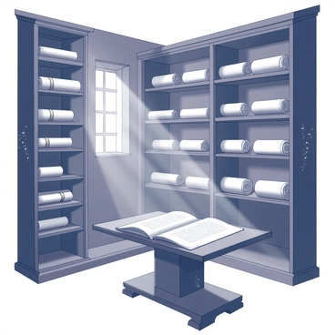 A room filled with wooden shelves that reach the ceiling. The shelves are lined with ancient scrolls, some partially unrolled, revealing faded text. Dust particles float in the air, illuminated by sunlight streaming through a small window. The wooden floorboards creak slightly underfoot, and the walls are adorned with cobwebs, indicating a lack of recent disturbances. A table in the center holds an open scroll, inviting exploration.