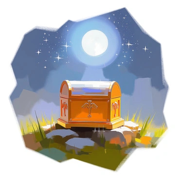 The Ark of the Covenant is positioned prominently in an open field, surrounded by lush, green grass. The ornate box, made of acacia wood and covered in gold, features the cherubim figures with wings extending toward each other on top. The moonlight casts a gentle glow on its surface, highlighting its intricate details. Above, the sky is a deep indigo, filled with countless twinkling stars that shimmer brightly against the darkness. A serene atmosphere envelops the scene, with a gentle breeze rustling the grass around the Ark.