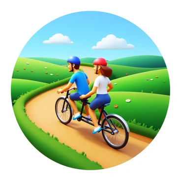 A married couple riding a tandem bicycle. The man is wearing a blue helmet, and the woman is wearing a red helmet. They are pedaling along a winding dirt path surrounded by lush green fields. In the background, there are rolling hills dotted with wildflowers in various colors. A few fluffy white clouds float in the clear blue sky. Sunlight casts gentle shadows on the ground, enhancing the vibrant colors of the scene. The couple looks happy and engaged, with smiles on their faces as they enjoy their ride together.
