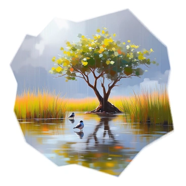 A scene depicting heavy rain pouring down in the lush Everglades. The sky is filled with dark, thick clouds, creating a dramatic atmosphere. The rain creates ripples on the surface of the water, which reflects the vibrant greens of the surrounding vegetation. Tall grasses sway and bend under the force of the rain, while clusters of mangrove trees stand resilient in the backdrop. Drops of water accumulate on the leaves, glistening as they catch the faint light filtering through the cloud cover. Wildlife can be seen taking shelter, with a few birds perched quietly among the branches.