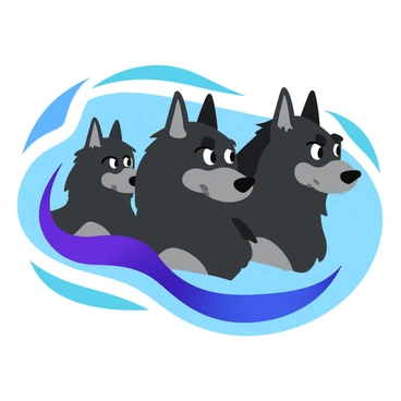 A three-headed dog, resembling Cerberus, is depicted in a portrait format. Each of the heads features a distinct expression, showcasing a fierce yet majestic look. The fur of Cerberus is a mix of dark and light shades, creating a gradient effect across the heads. The three heads are positioned closely together, with their eyes shining brightly. Surrounding the canine figure, a soft, swirling mist blends in shades of blue, green, and purple, adding depth to the scene. The background is simple and unobtrusive, allowing Cerberus to be the focal point of the image.