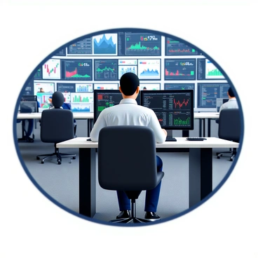 A banker with short dark hair, wearing a crisp white dress shirt and a navy blue tie, sits at a modern workstation in a trading room. He is focused on a large high-definition screen displaying various market trend graphs and data. The trading room is filled with multiple screens showing stock prices, news tickers, and financial charts. Other bankers are visible in the background, each engaged in their own tasks. The atmosphere is busy and dynamic, with a sense of urgency as the banker analyzes the information on the screen.