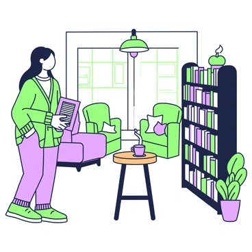 A woman with long hair is standing in a quaint bookshop, examining the shelves filled with books. She is wearing a comfortable cardigan and jeans while holding a book in her right hand. The shelves are made of dark wood and are lined with books of various sizes and colors, some stacked horizontally and others standing vertically. A small wooden table stands in the center of the shop with a steaming cup resting on it. In the background, there are cozy reading nooks with soft armchairs and a warm lamp illuminating the space. The atmosphere is inviting, with a few potted plants placed around the shop.