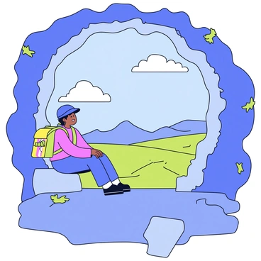 An adventurer is seated on a rock inside a cave. The cave walls are rugged and uneven, with small patches of moss and lichen growing on them. The adventurer is dressed in practical outdoor gear, including a sturdy backpack resting beside them. They are gazing out of the cave entrance, where a vast landscape unfolds. In the distance, rolling hills and tall mountains can be seen under a clear blue sky. A few fluffy white clouds drift lazily above the horizon. Sunlight streams into the cave, casting soft shadows on the ground.