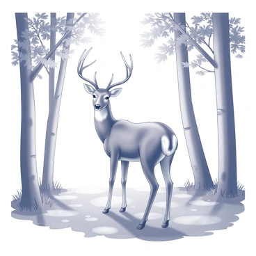 A deer standing in a forest clearing. The deer has an elegant posture with smooth, flowing lines that define its body. Surrounding the deer, there are tall trees with slender trunks and leafy branches that provide dappled shade. The forest floor is covered with a mixture of grasses and fallen leaves. Light filters through the tree canopy, creating intricate patterns on the ground. The overall composition highlights the deer's grace and the tranquility of the natural setting.