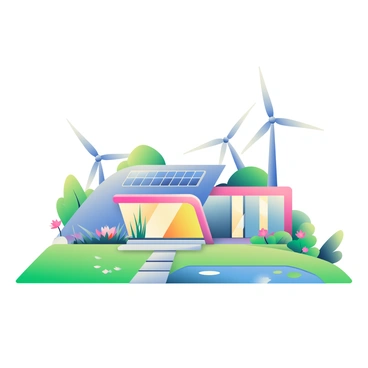 A modern futuristic home with sleek lines and large glass windows is prominently displayed. The roof is adorned with shiny solar panels reflecting sunlight, while tall, elegant wind turbines spin gracefully in the background. Surrounding the home is a landscaped yard with vibrant green grass and colorful flowers. A stone pathway leads to the entrance of the house, and a small pond with lily pads is visible to one side. The overall scene conveys a sense of harmony with nature and sustainable living.