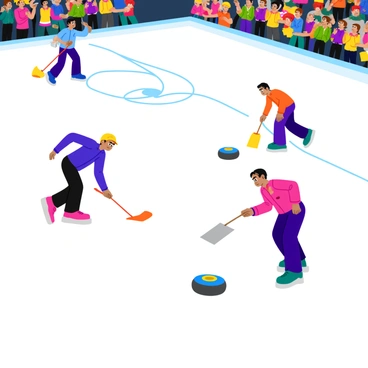A curling team in action on a smooth, icy surface. The team consists of four players, each wearing bright, colorful uniforms. Two players are energetically sweeping the ice with their brooms, while another player stands in a ready position, aiming carefully. The fourth player is sliding a large, polished stone down the ice towards a target circle. The stone is shiny and reflects the surrounding colors. There are lines marked on the ice indicating the trajectory of the stone. The background features a cheering crowd in vibrant colors, adding to the excitement of the scene.