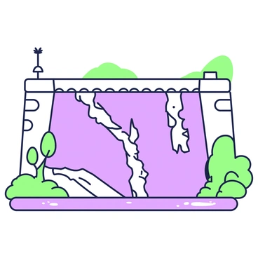 A large dam rises prominently in the center of the image, showcasing a substantial structure made of concrete. The surface of the dam has multiple visible cracks running diagonally across it, revealing signs of wear and age. Water is seen seeping through these cracks, creating small streams that trickle down the side of the dam. The area around the base of the dam is damp, with puddles forming on the ground. In the background, there are distant hills visible, adding a sense of scale to the scene. A few trees are positioned near the base of the dam, their leaves slightly rustling in the breeze.