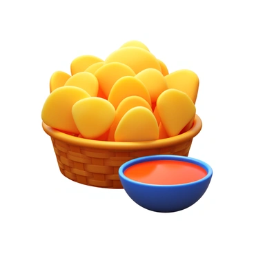 A basket filled with "golden-brown fried plantain chips" arranged neatly. The chips have a crispy texture and a shiny surface. Beside the basket, there is a small bowl containing a "spicy dip" with a rich red color and a smooth consistency. The setting emphasizes the delicious contrast between the crunchy chips and the vibrant dip.