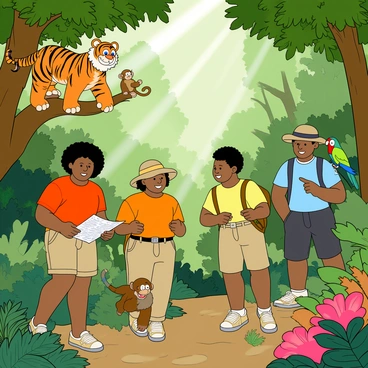 A group of five explorers is navigating through a vibrant jungle filled with lush green foliage and towering trees. The explorers, two men and three women, are dressed in colorful adventure outfits, including cargo shorts and brightly colored t-shirts. One explorer, with curly black hair, is holding a map, while another, with a wide-brimmed hat, is pointing towards a nearby tree. 

Surrounding them are several exotic Disney animals. A playful orange tiger with bright blue eyes is perched on a low branch, watching them curiously. In the foreground, a small monkey with a fluffy tail is swinging from a vine, while a colorful parrot with bright green and red feathers is perched on the shoulder of one of the explorers. 

The ground is covered with colorful flowers and ferns, and beams of sunlight are filtering through the dense canopy above, casting playful shadows on the forest floor.