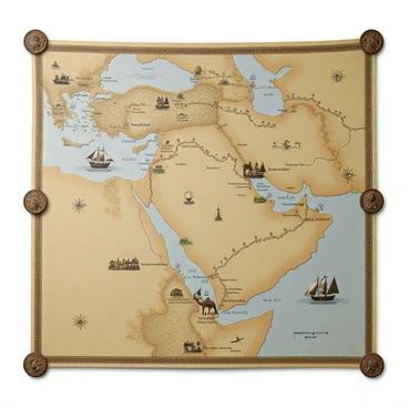 A detailed historical map depicting ancient trade routes across a vast landscape. The map features winding lines representing the trade paths that connect various regions. Sailing ships with billowing sails are illustrated along coastal routes, while camels laden with goods traverse the desert paths. The map includes labeled cities and landmarks, with ornate borders and compass roses enhancing its historical appearance. The colors are earthy and muted, reflecting the age of the map.