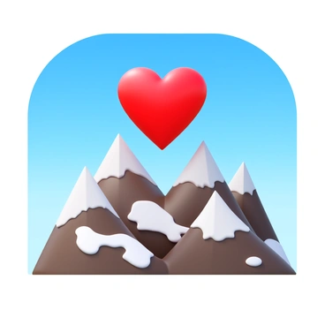 A human heart in a vibrant red color, towering above a rugged mountain range that is covered in patches of snow. The mountains are shown in various shades of gray and brown, with sharp peaks that contrast against the smooth curves of the heart. Above, a clear blue sky stretches endlessly, free of clouds, creating a bright backdrop for the scene. The heart is positioned prominently in the foreground, emphasizing its scale in relation to the majestic mountains below.