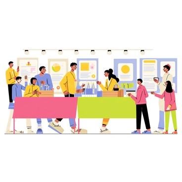 A school science fair scene featuring a group of students standing beside their colorful presentation tables. Each student is enthusiastically explaining their science projects. There are large posters with bright graphics and informative text displayed behind them. On the tables, various models made of different materials such as cardboard, plastic, and wood are showcased. The background includes other students and parents walking around, observing the projects and interacting with the young presenters. Bright overhead lights illuminate the space, highlighting the creativity of each project.