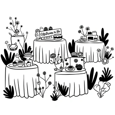 A garden setting featuring several tables covered with white tablecloths. Each table is laden with an assortment of illustrated desserts, including cakes, pastries, and macarons, all artfully arranged. Delicate floral decorations in vases create an inviting atmosphere. There are lush green plants and blooming flowers surrounding the tables, adding to the vibrant garden ambiance. "Welcome to the Garden Party" is written on a decorative sign placed prominently on one of the tables.