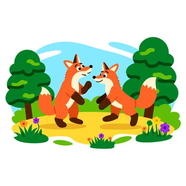 A pair of cartoon foxes with bright orange fur are dancing joyfully in a forest clearing. One fox has a bushy tail and big, expressive eyes, while the other has slightly smaller ears and a playful grin. They are surrounded by tall green trees with vibrant leaves and patches of colorful wildflowers in various shades of purple, yellow, and red scattered around the clearing. Sunlight filters through the branches, casting playful shadows on the ground. The foxes are in a dynamic pose, one jumping up with its paws in the air and the other spinning around with a cheerful stance.