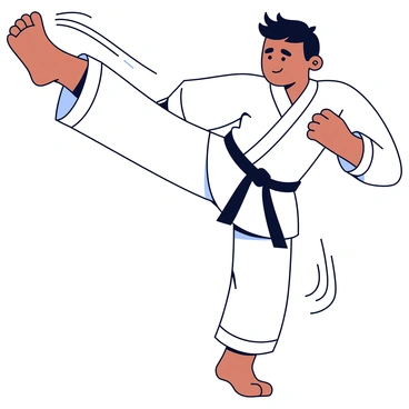 A martial artist performing a high kick, with their body angled forward and one leg extended upward. The martial artist wears a traditional uniform, consisting of a white gi and a black belt. Flowing lines extend from the leg to illustrate the dynamic movement of the kick. The martial artist has a focused expression on their face, showcasing concentration and determination. The background features a minimalistic design to emphasize the action.